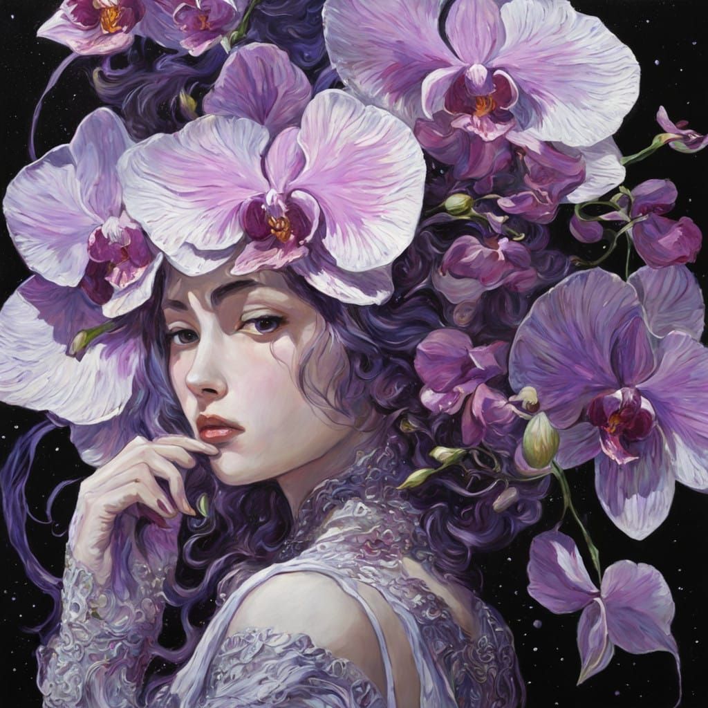 Cosmic Dreamscape with White and Purple Orchids in Neo-Impre...