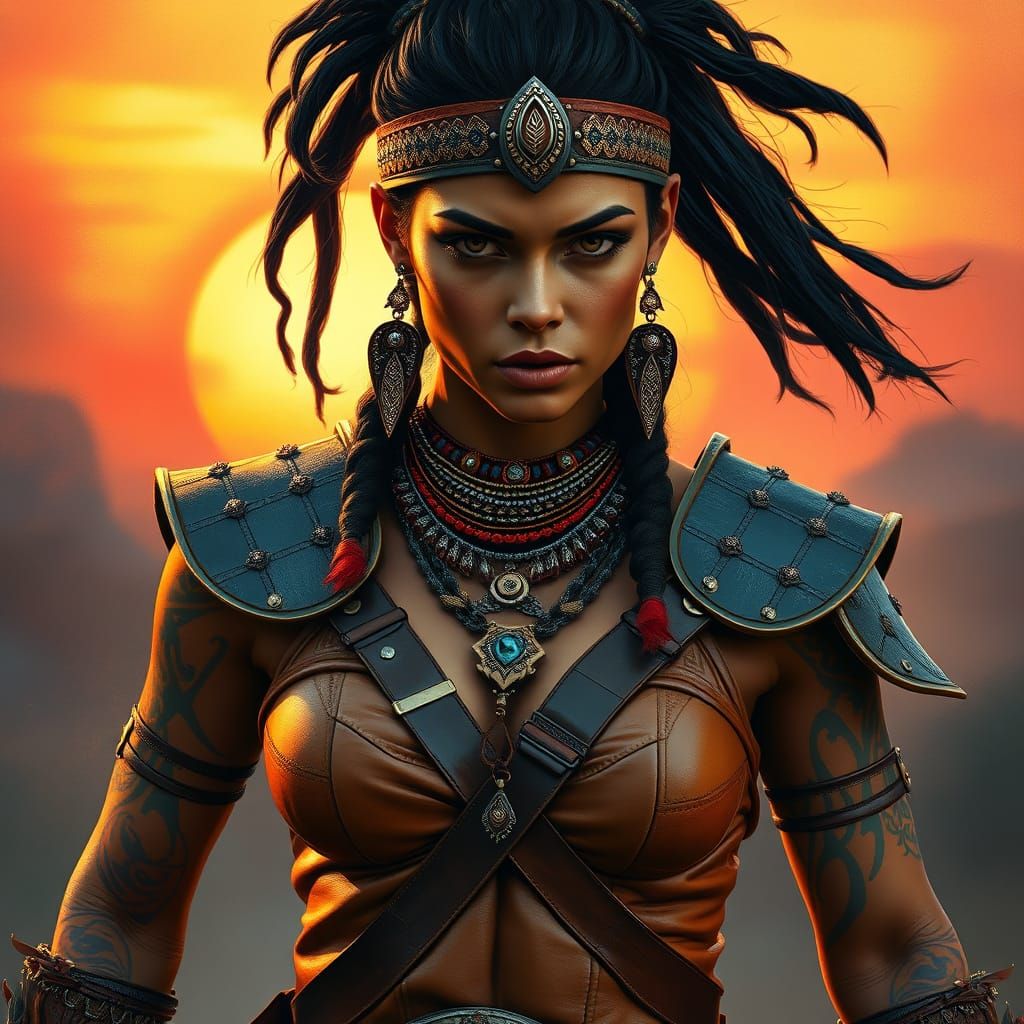 Latina Warrior in Fiery Sunset, Digital Art