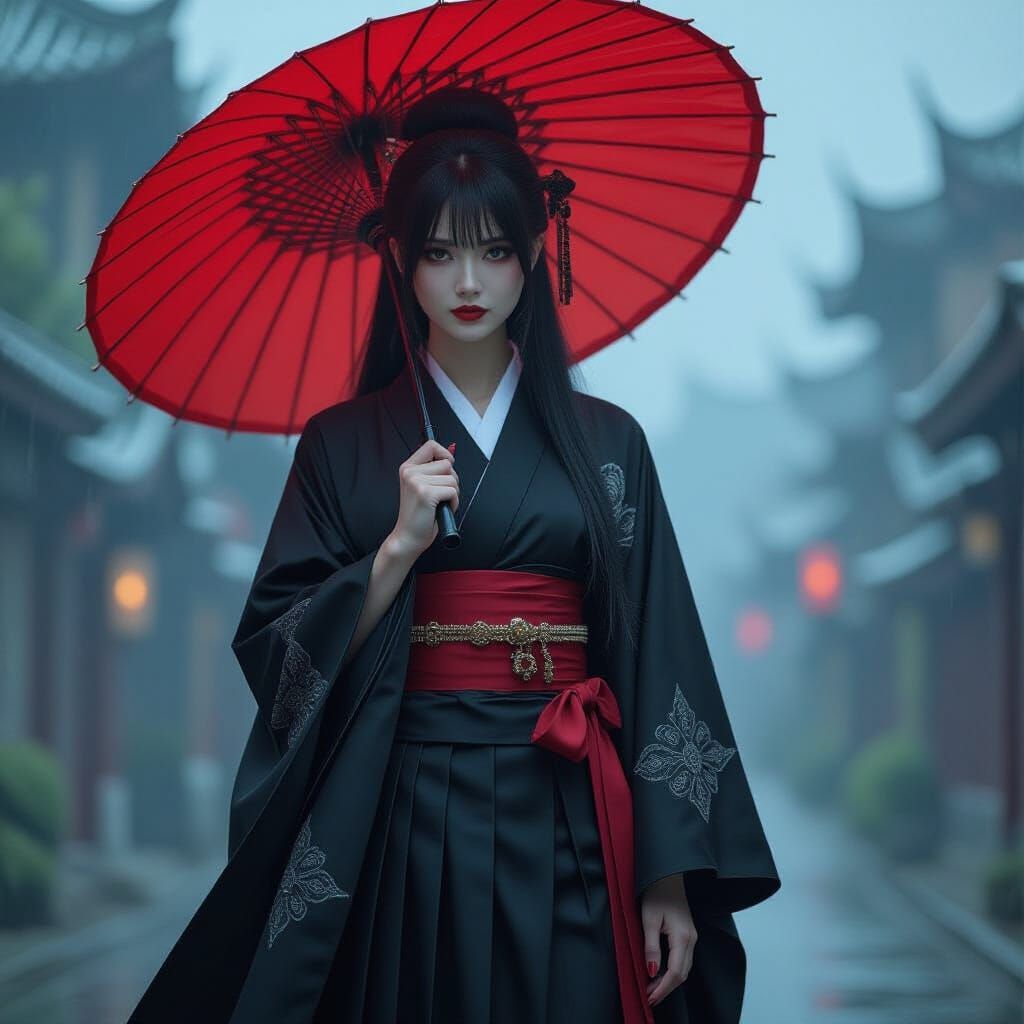 Gothic Japanese Woman in Stormy Underworld Fantasy