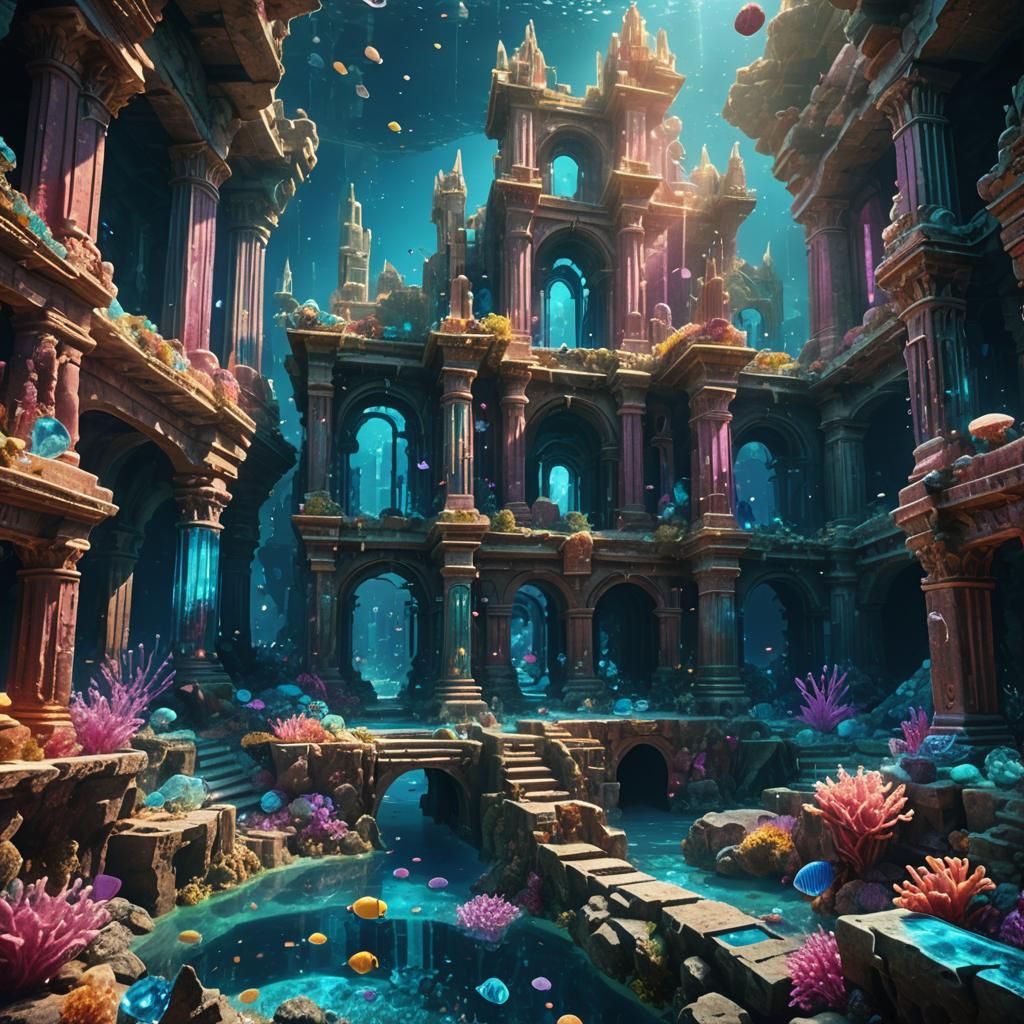 Glowing Crystal Ruins of Sunken City: Hyperrealistic Underwa...