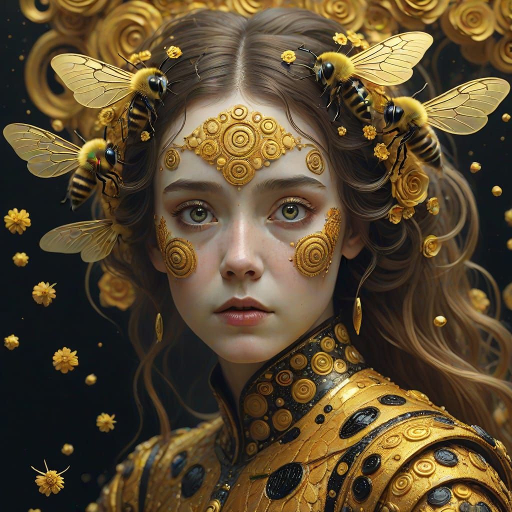 Gustav Klimt Inspired Bee in an Opulent, Dramatic Scene