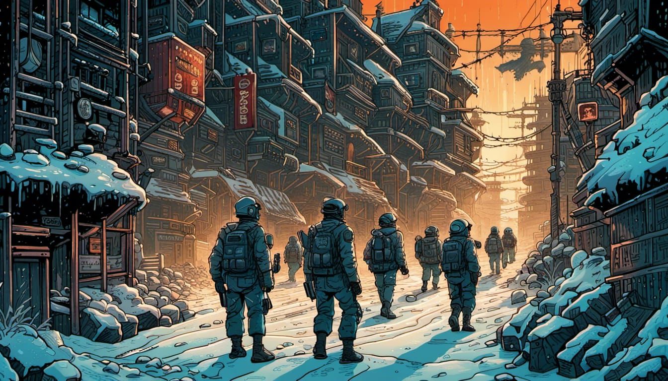 Dystopian Snowbound City Patrol: Dark Fantasy Masterpiece