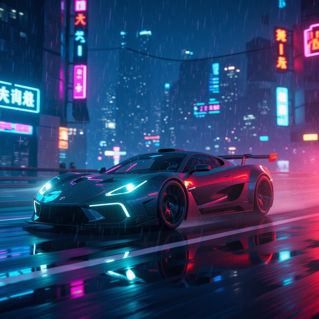Cyberpunk Sports Car Streaking Through Neon Cityscape