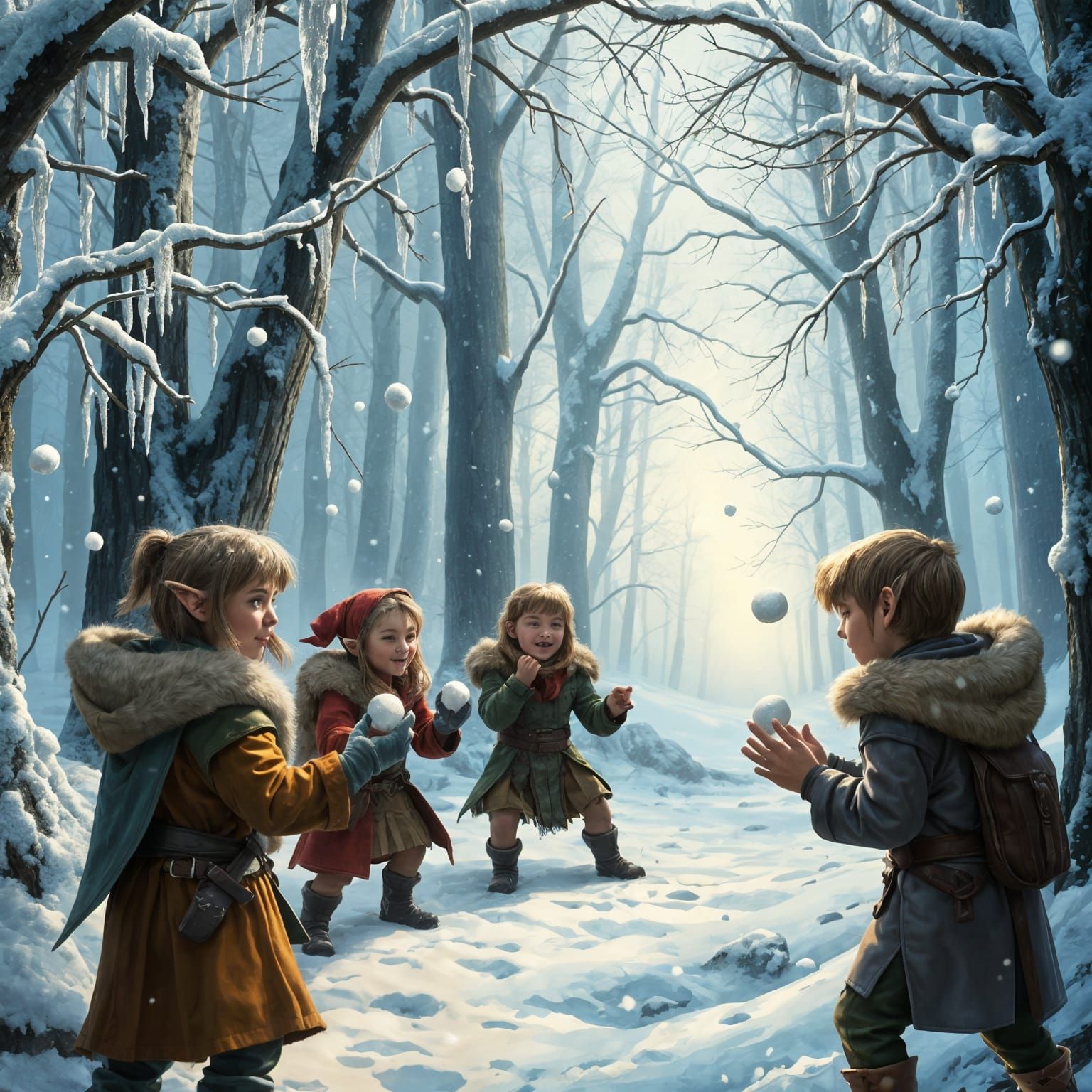Elven Children's Snowball Fight in Magical Forest