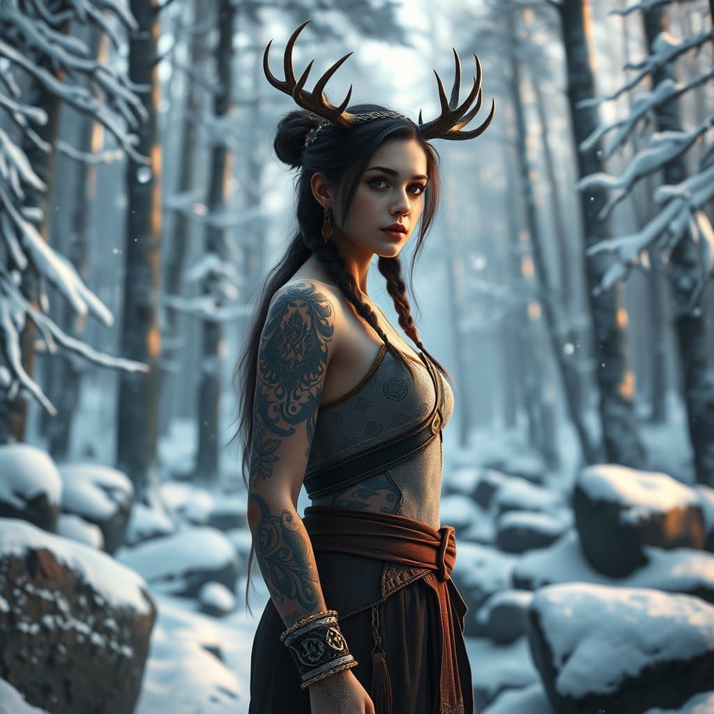 Serene Winter Forest Goddess in Intricate Tattoos and Antler...