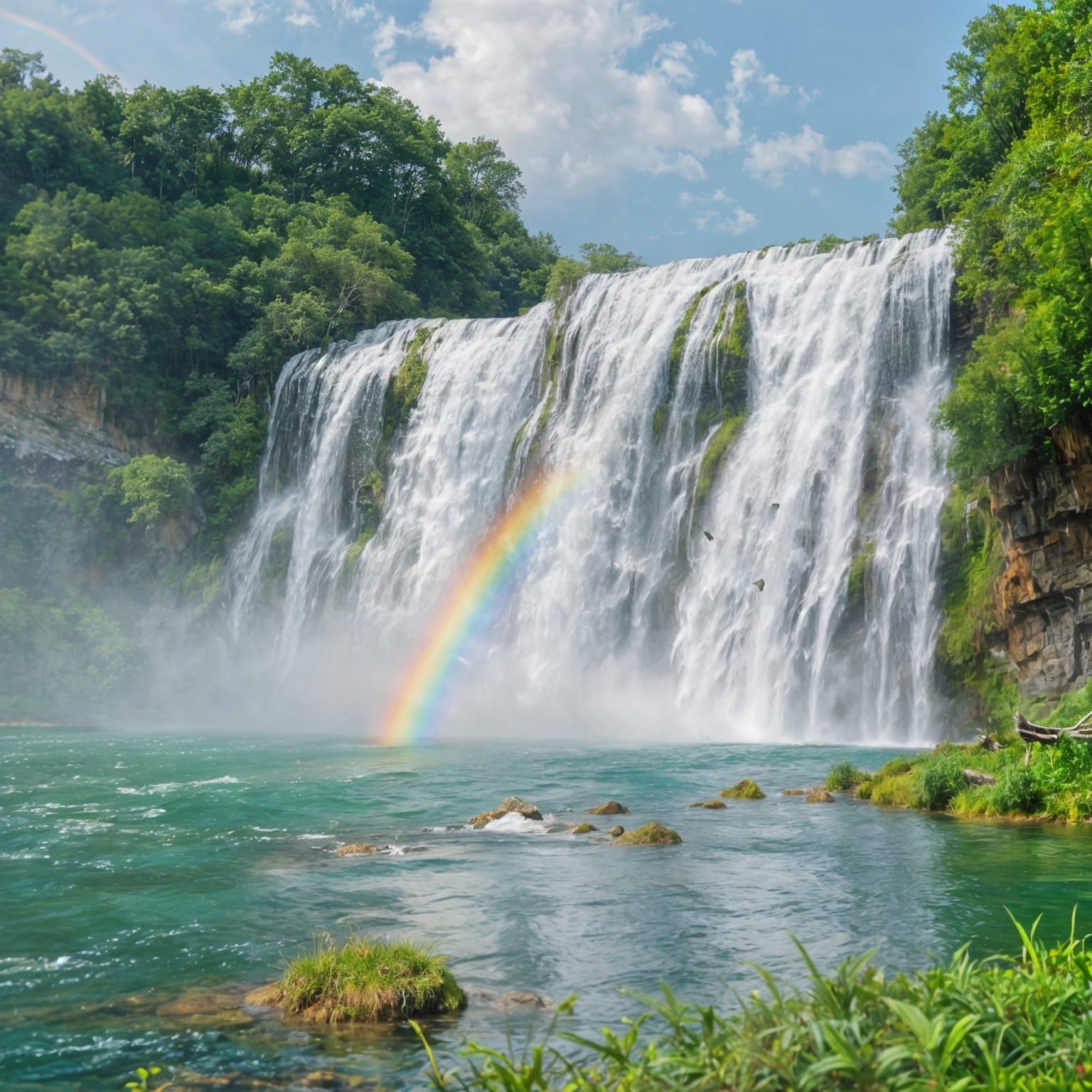 Majestic Waterfall with Rainbow Over Lake