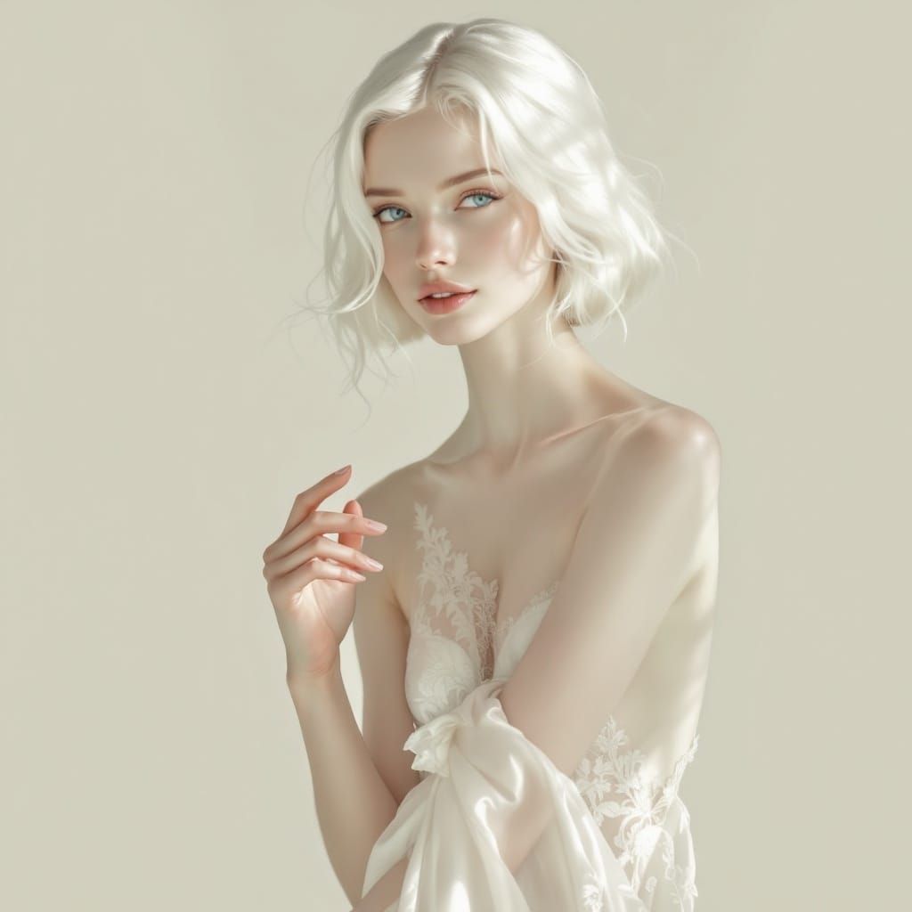 Ethereal Art Nouveau Woman in Flowing White Gown