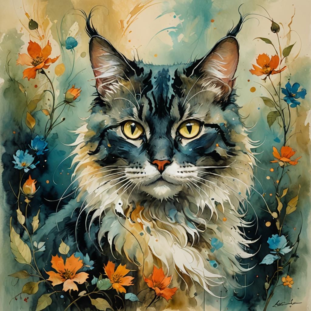 Gouache Cat Portrait in Impressionist Style
