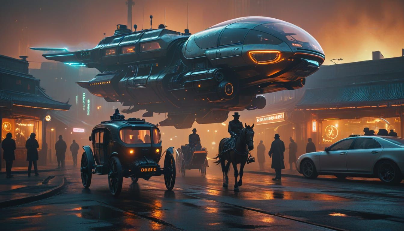 Cyberpunk Victorian Street with Futuristic Hovercar