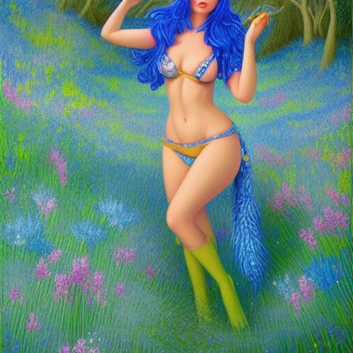 Blue-Haired Elf in Floral Landscape as Oil Painting