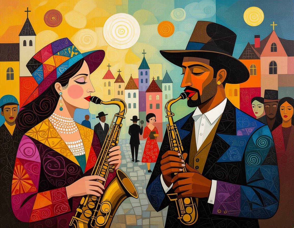 Musical City Fair in Abstract Oil Painting