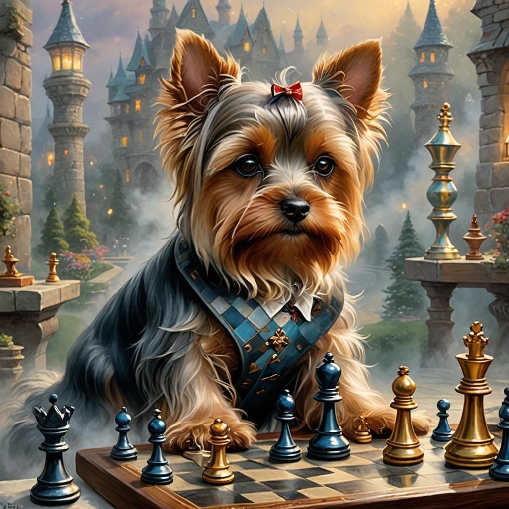 Yorkie Plays Chess in Ethereal Fantasy Style