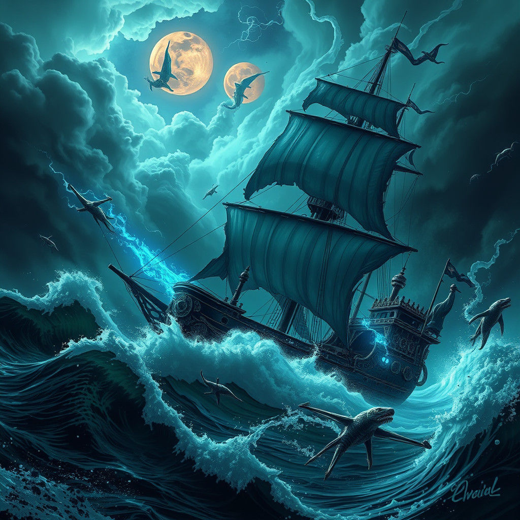 Phantom Galleon Battles Supernatural Storm at Twilight