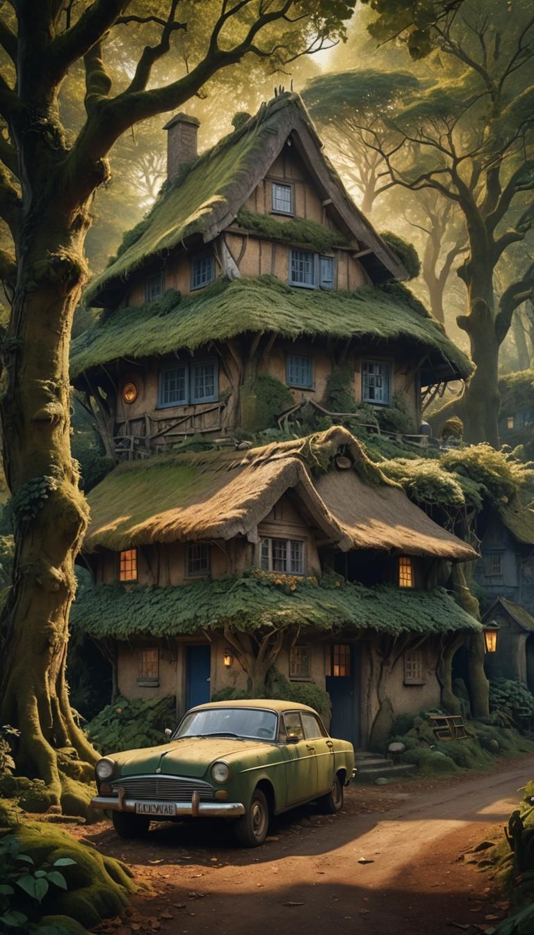 Enchanted Forest Hut with Garden and Vintage Car
