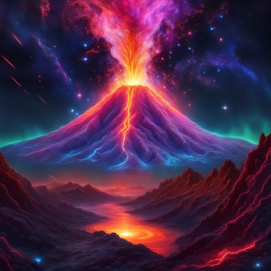Volcano Erupts a Galaxy: Cosmic Illustration