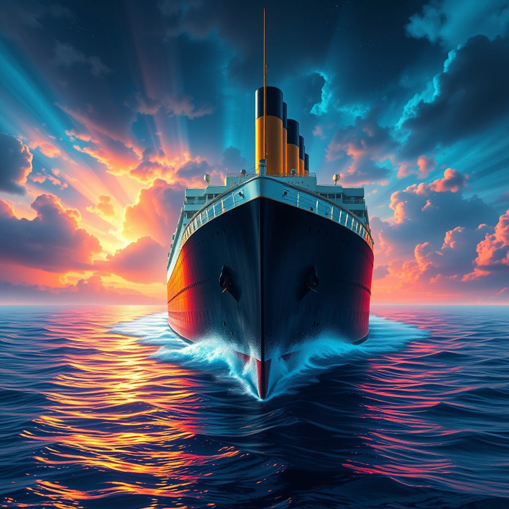 Titanic Sinking in Dreamlike Retro-Futuristic Vista