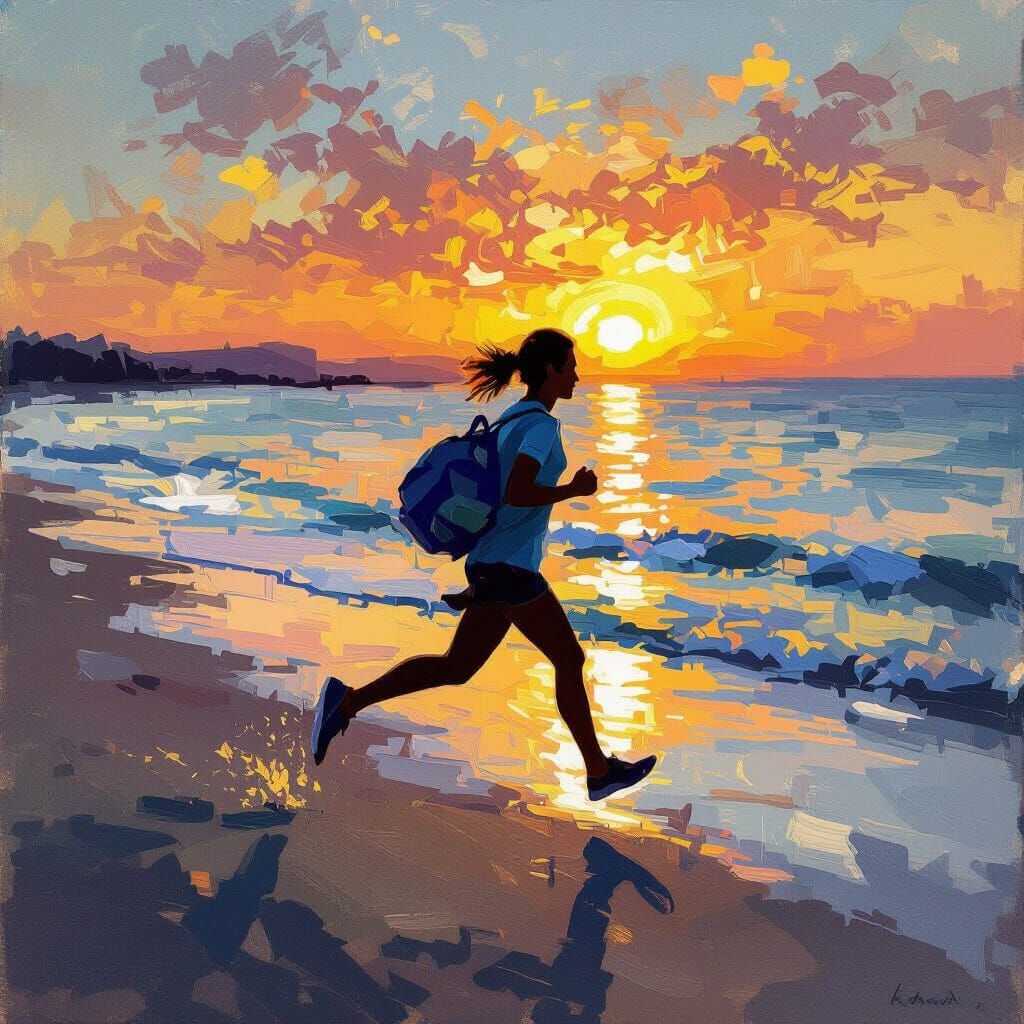 Sunset Beach Run in Impressionist Style