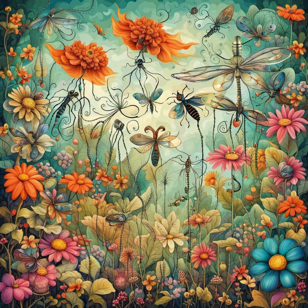 Fantasy Dream Garden with Giant Insects and Flowers
