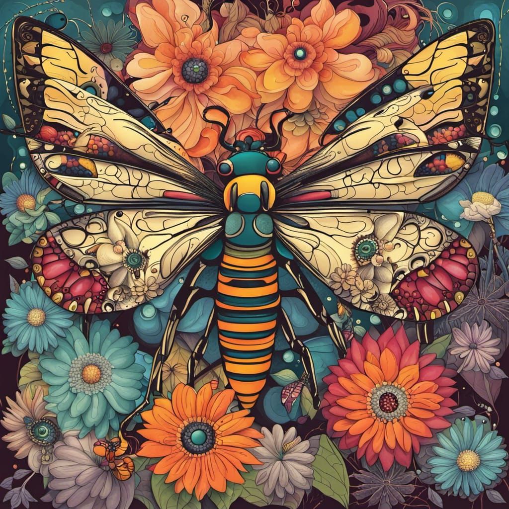 Fantasy Dream Garden with Giant Insects in Abstract Art
