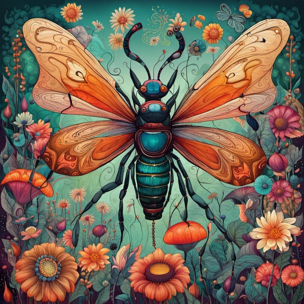 Fantasy Garden with Giant Insects in Abstract Art