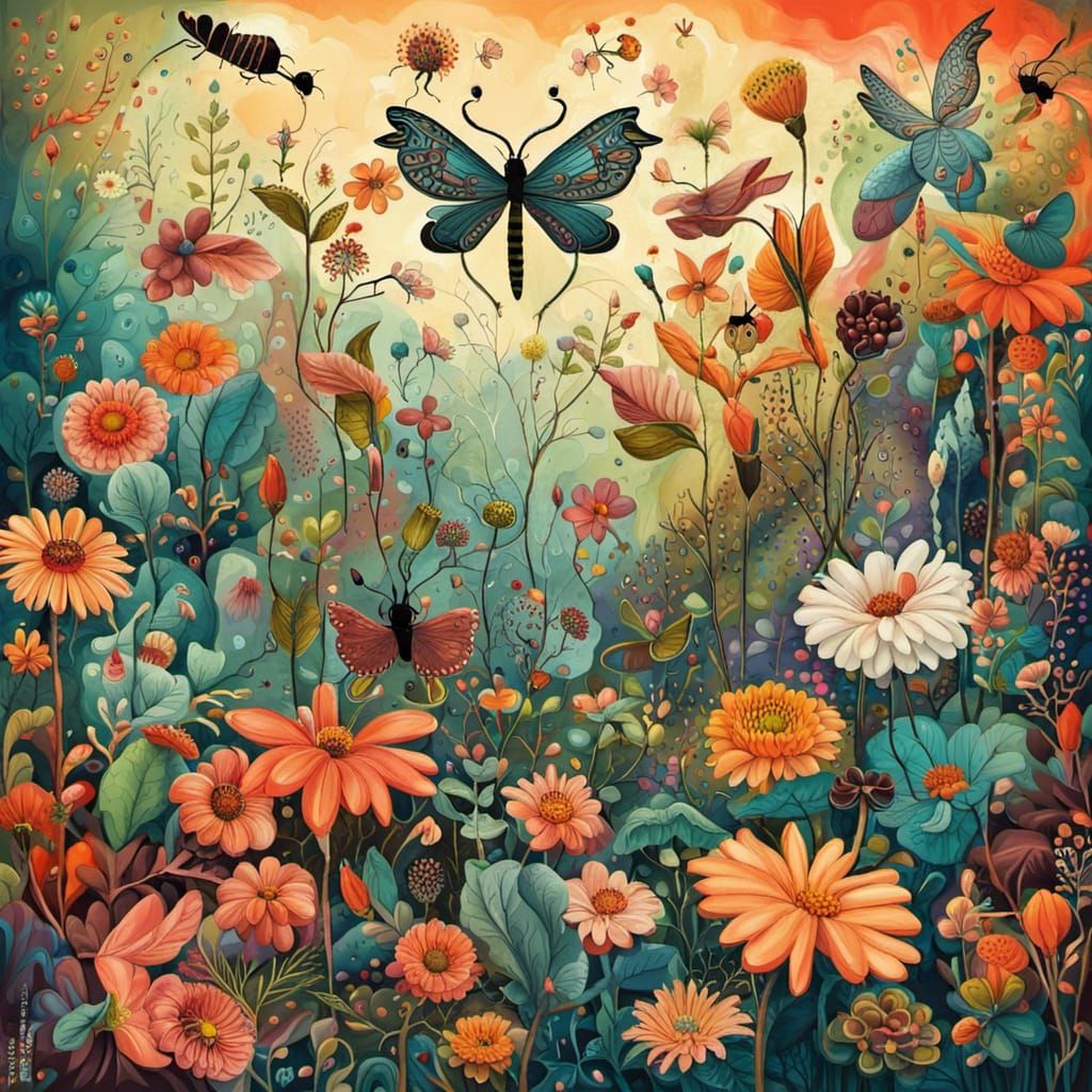 Fantasy Garden with Giant Insects in Abstract Style