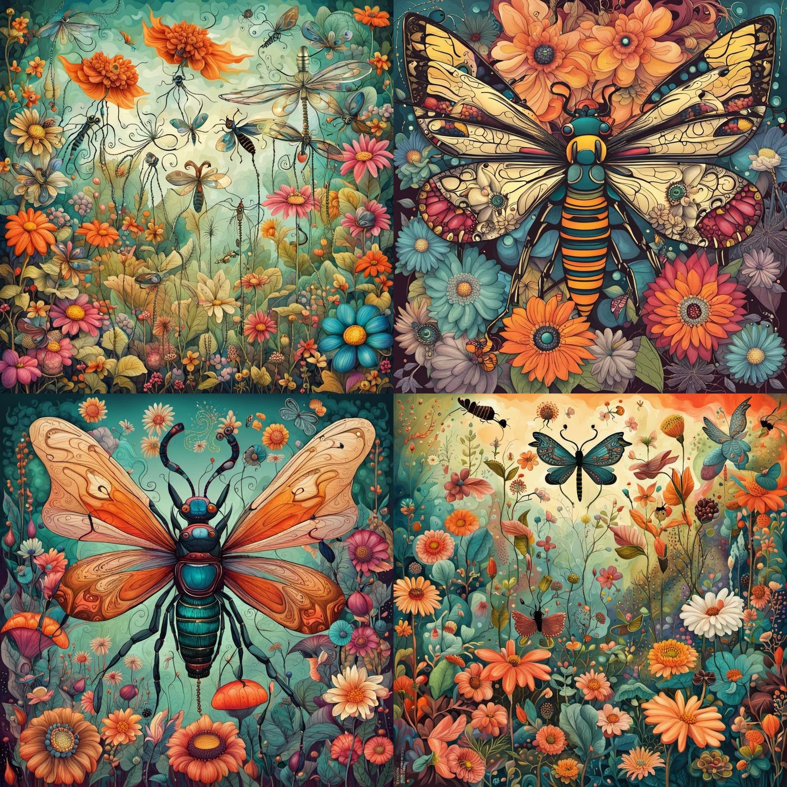 Fantasy Garden with Giant Insects in Abstract Art
