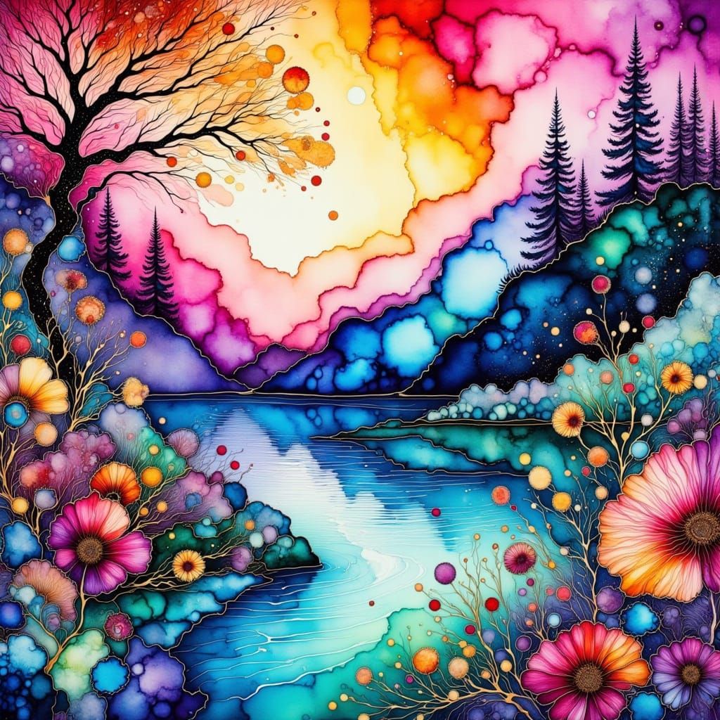 Luminous Mountain Sunset in Alcohol Ink and Watercolor Fusio...