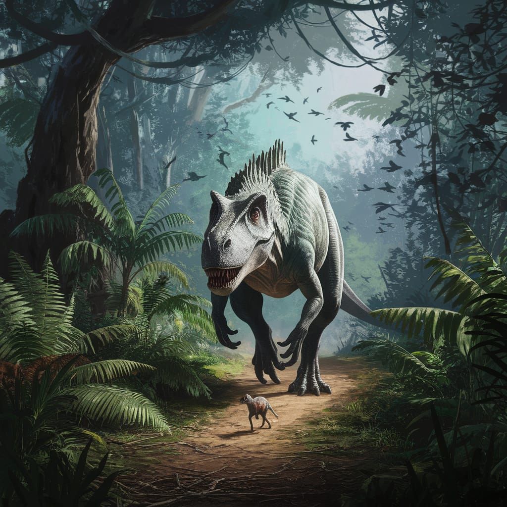 Allosaurus Hunting Prey in a Jurassic Forest