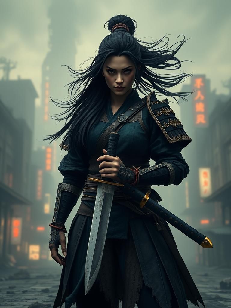 Pixel Art Samurai Woman in Dystopian Cityscape