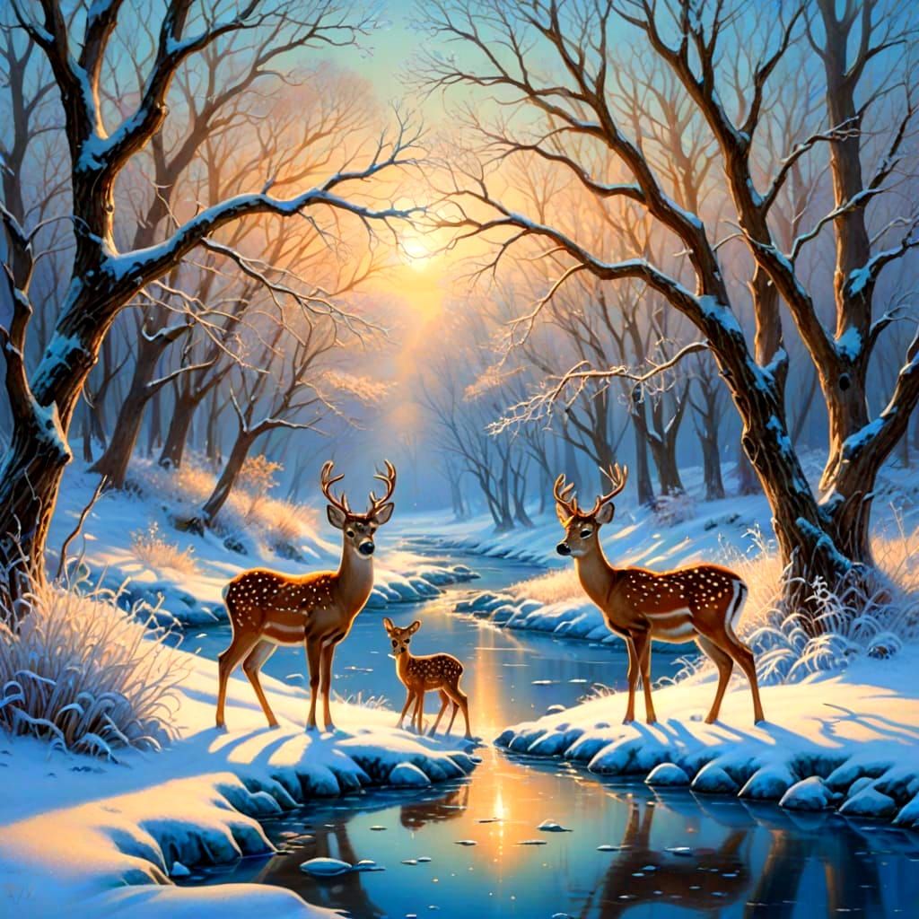 Glistening Winter Wonderland with Deer, Kinkade Style