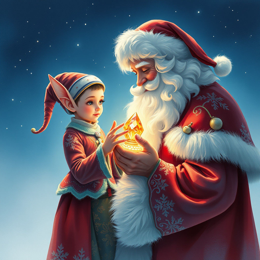 Santa and Elf Share a Gift in Watercolor Style