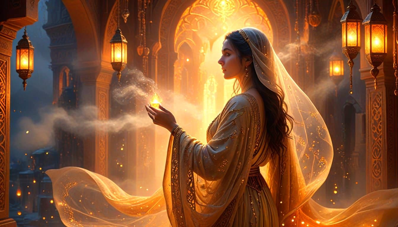 Dreamlike Arabian Nights Woman in Hyperdetailed Digital Pain...