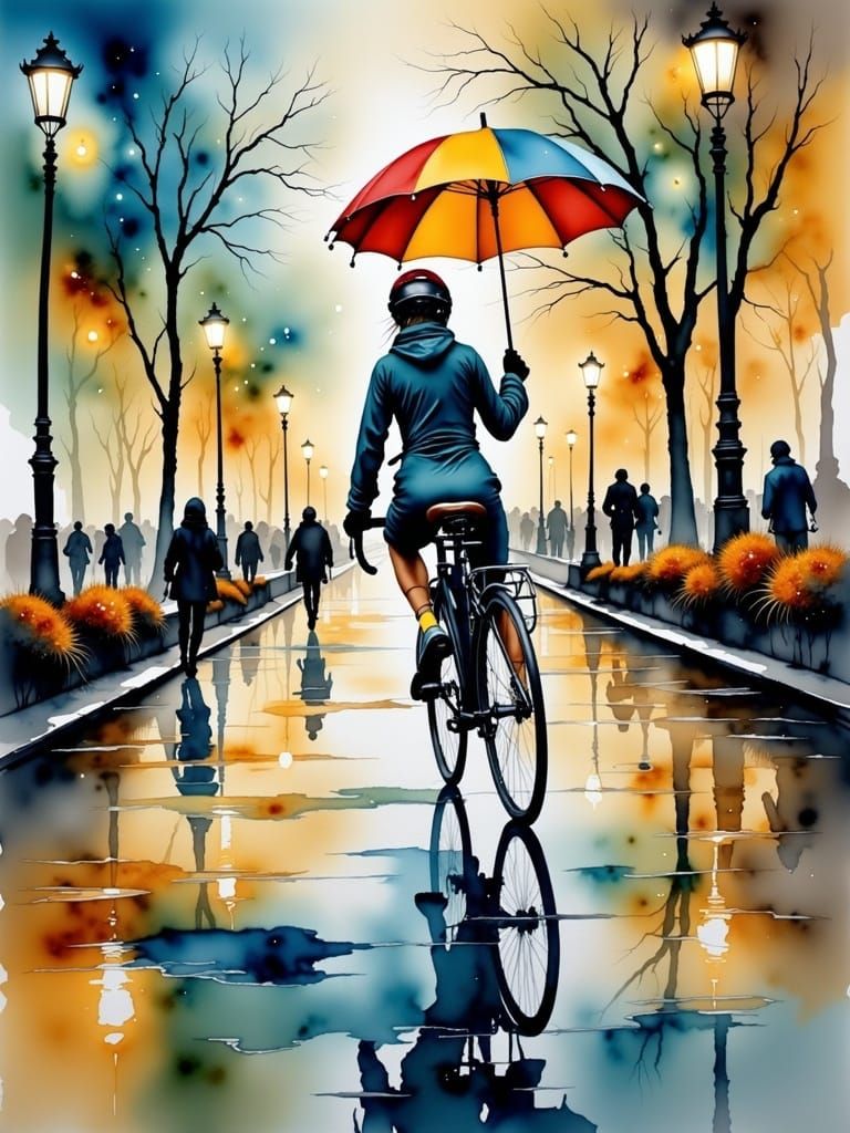 Cyclist in Central Park at Sunset, in Art Nouveau Style