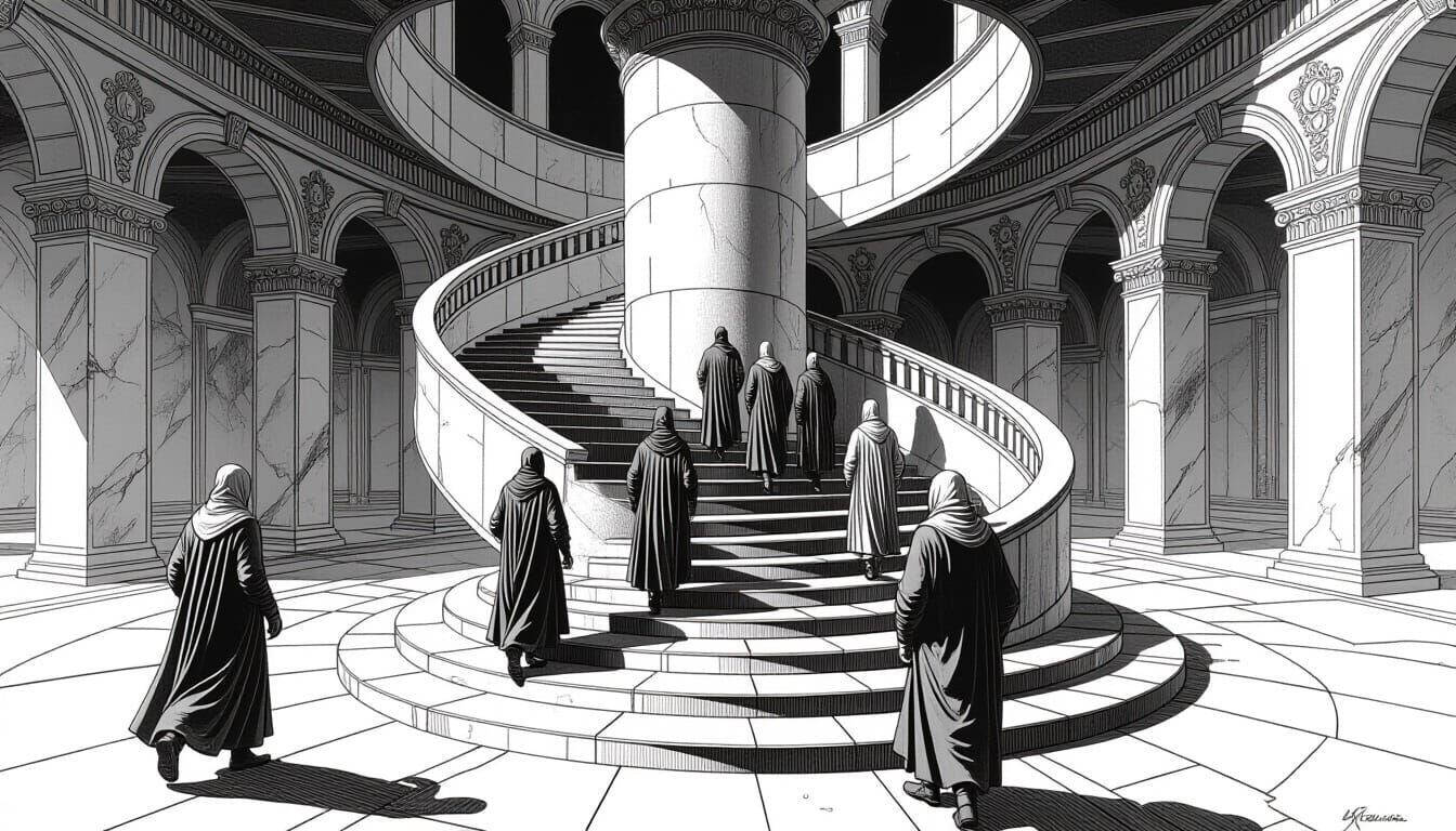 Detailed Black and White Engraving of Figures on Infinite St...