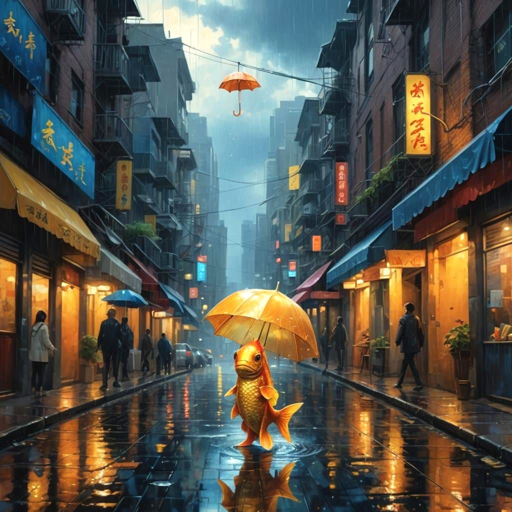 Golden Fish Walks City Street with Umbrella