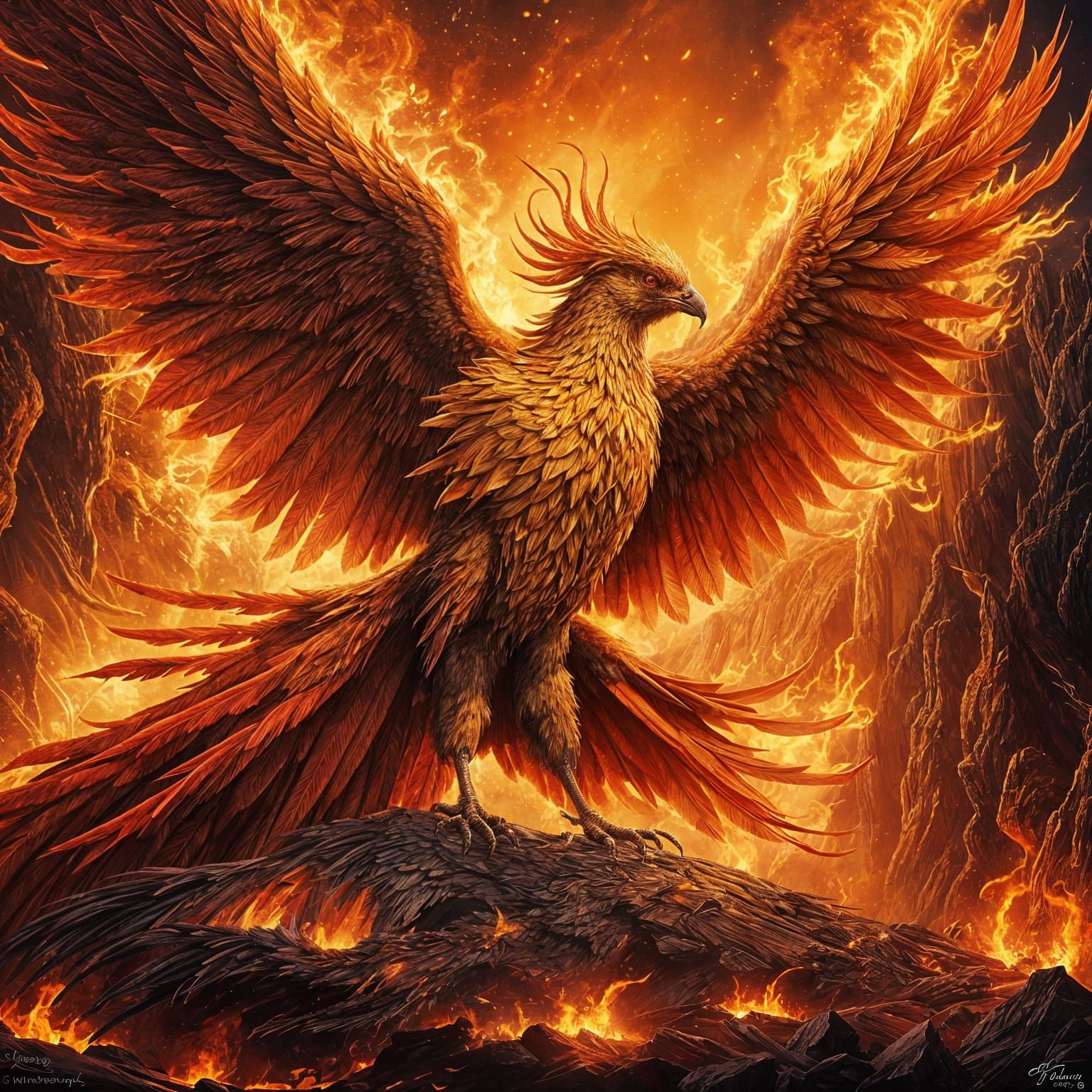 Phoenix Rising: Gold and Red Bird