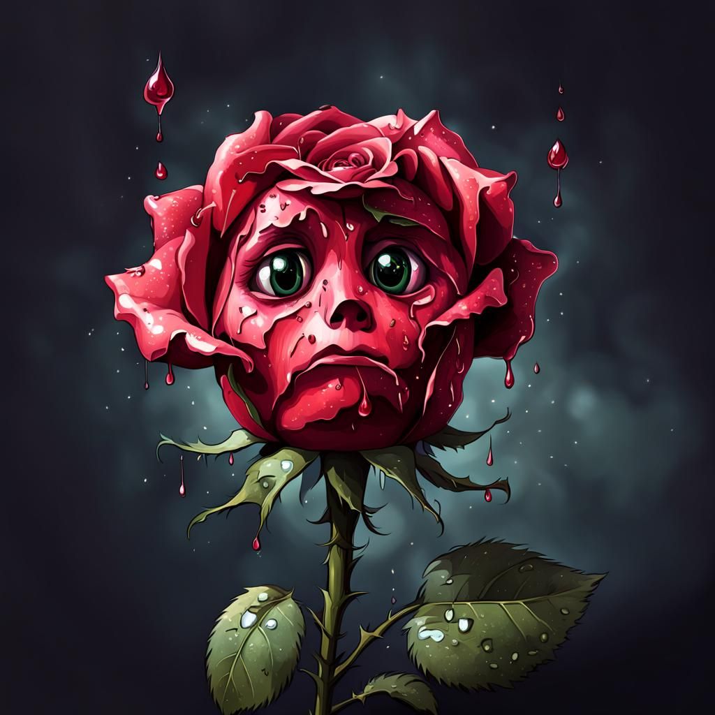 a single anthropomorphic rose with very sad face and tears falling from the eyes  (got this when I was trying to help so...