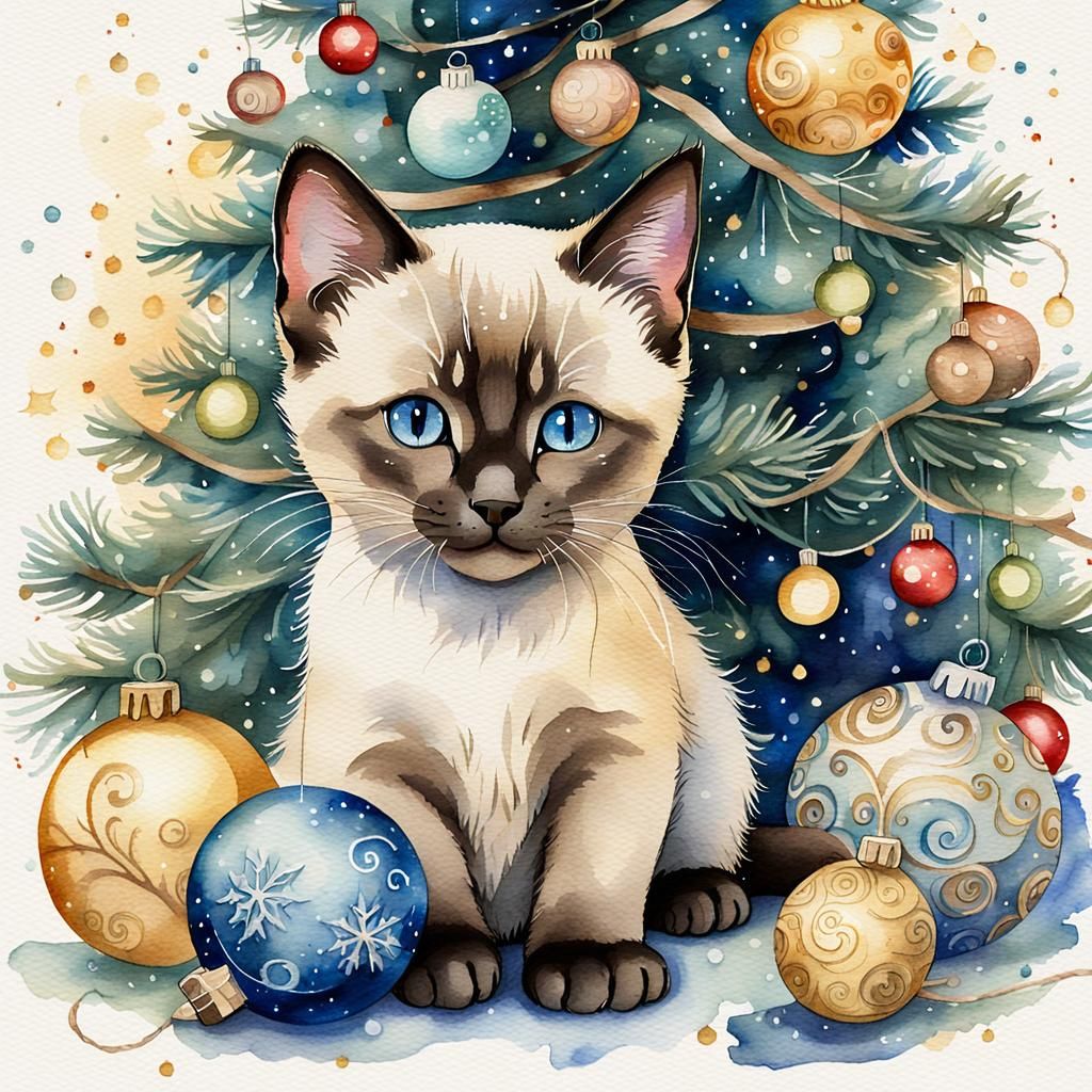 Siamese Kitten in Christmas Tree: Aquarelle Style