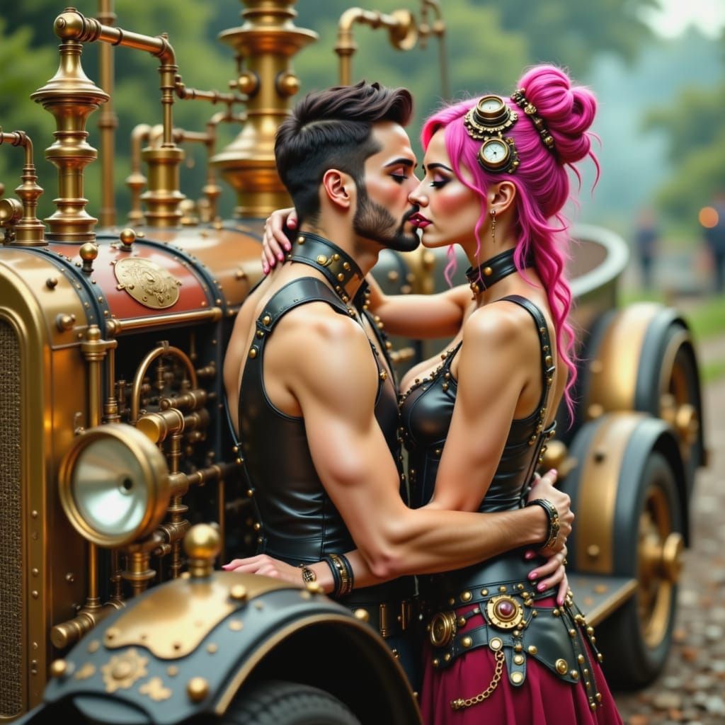 Steampunk Lady's Whimsical Kiss in a Vintage Automobile