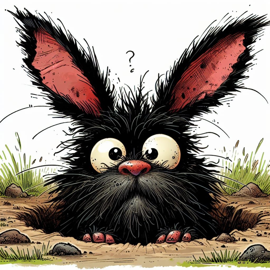 Whimsical Black Bunny with Red Ears