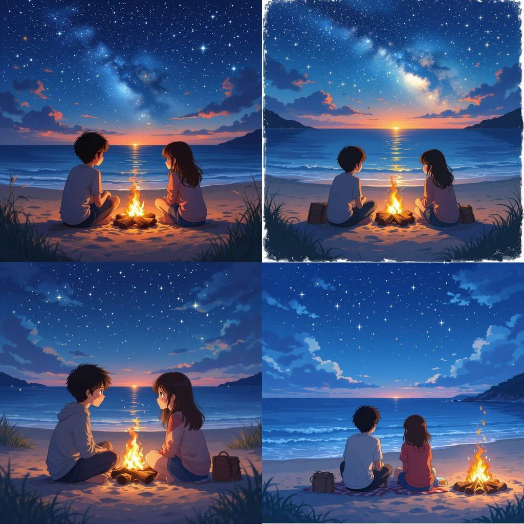 Romantic Anime Couple on Beach Under Starry Sky