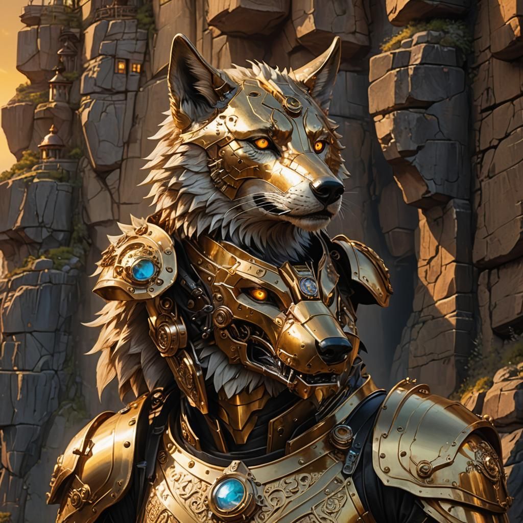 Steampunk Wolf Portrait on a Cliff Edge