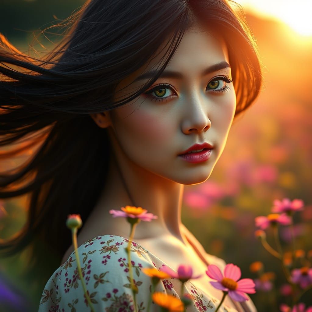 Japanese Woman in Wildflower Field at Dawn