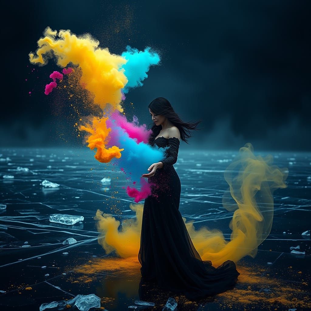 Woman in Black Gown with Vivid Powders