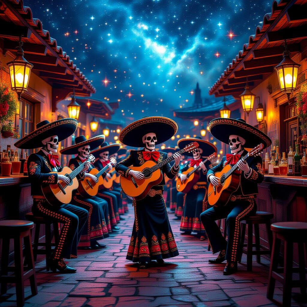 Skeletal Mariachi Band Made of Tequila Under Starry Sky