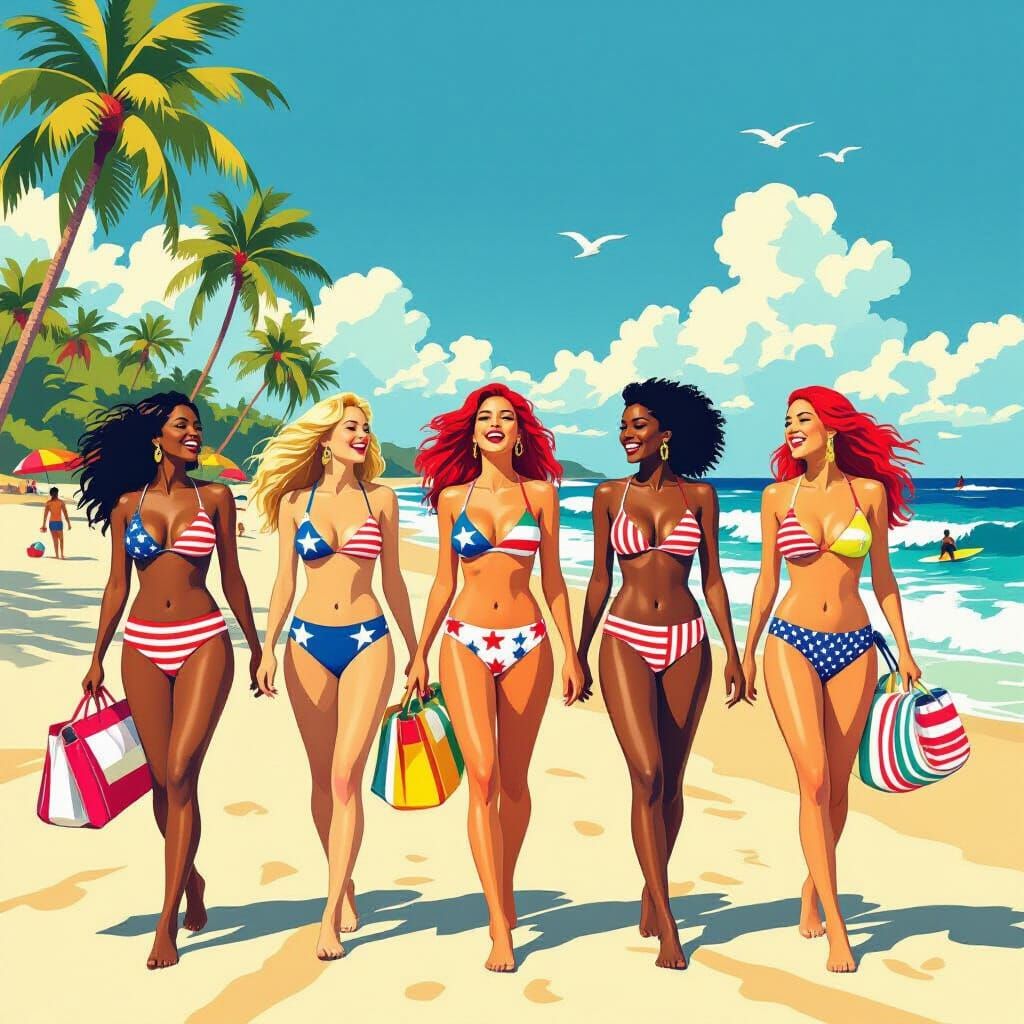 Diverse Women on Sunny Beach in Vintage Pulp Art Style