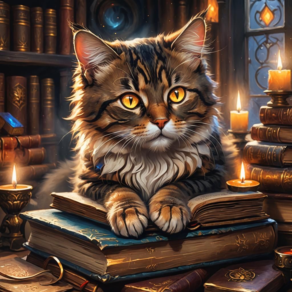 Cute Cat on Magical Book in Mystical Chamber