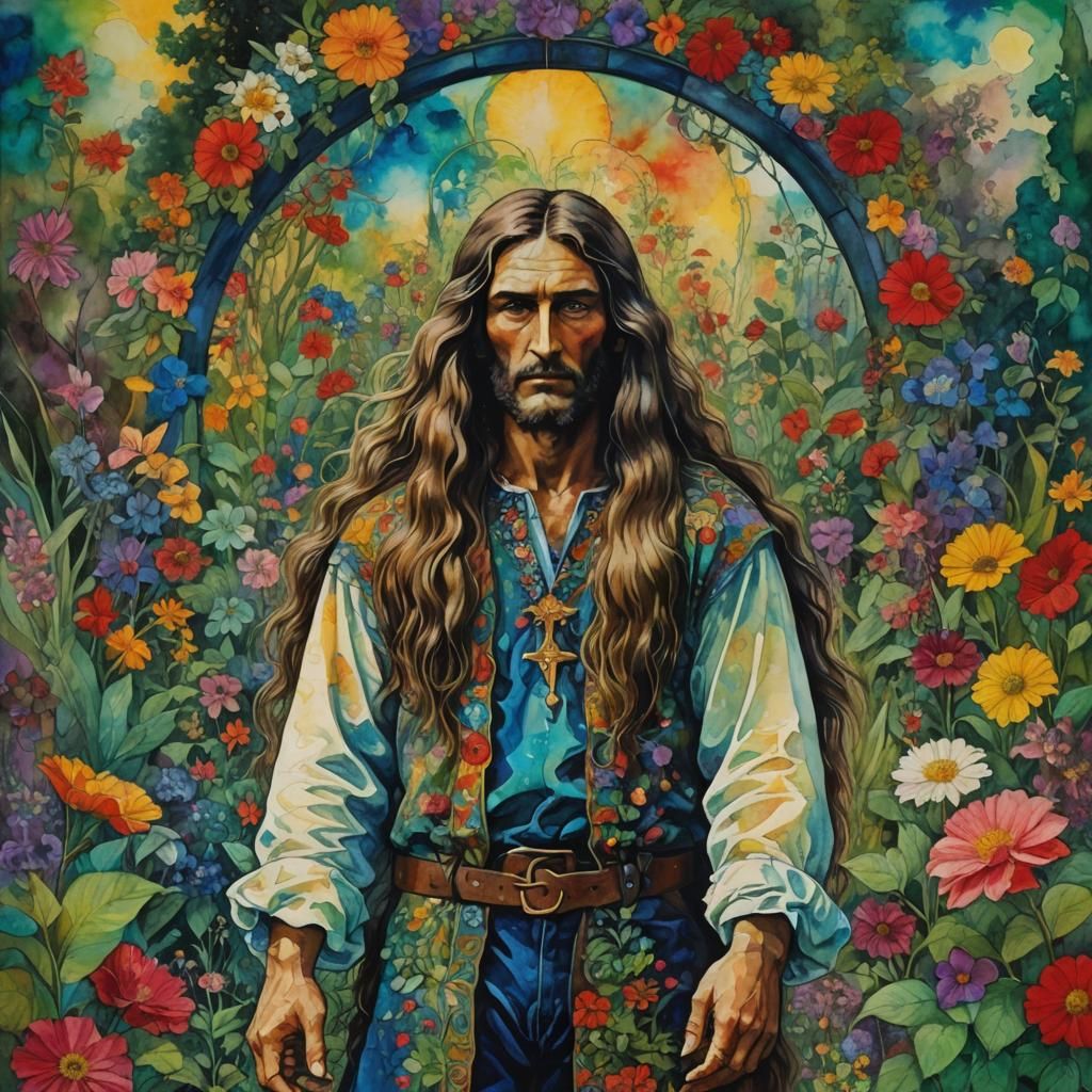 Psychedelic Portrait of Long-Haired Samson in Garden
