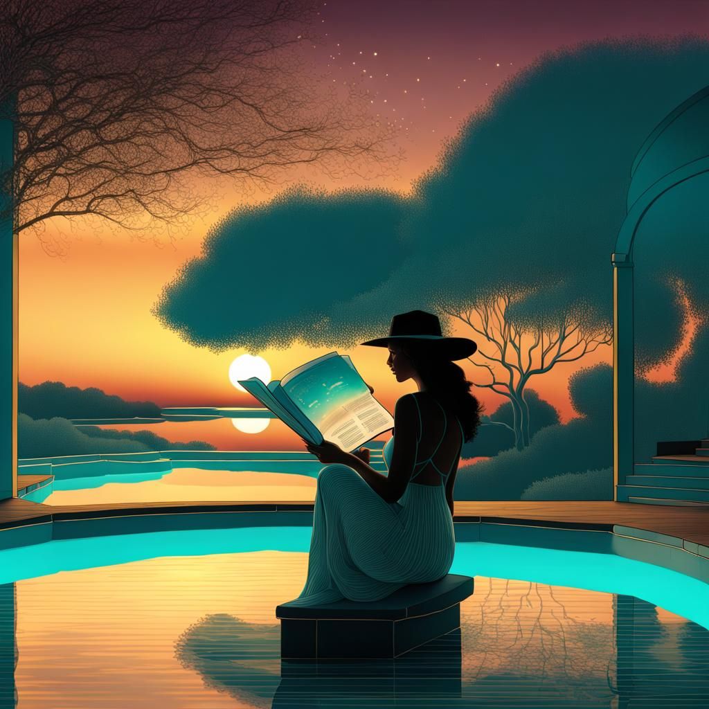 Woman Reading by Teal Pool in Cel-Shaded Style