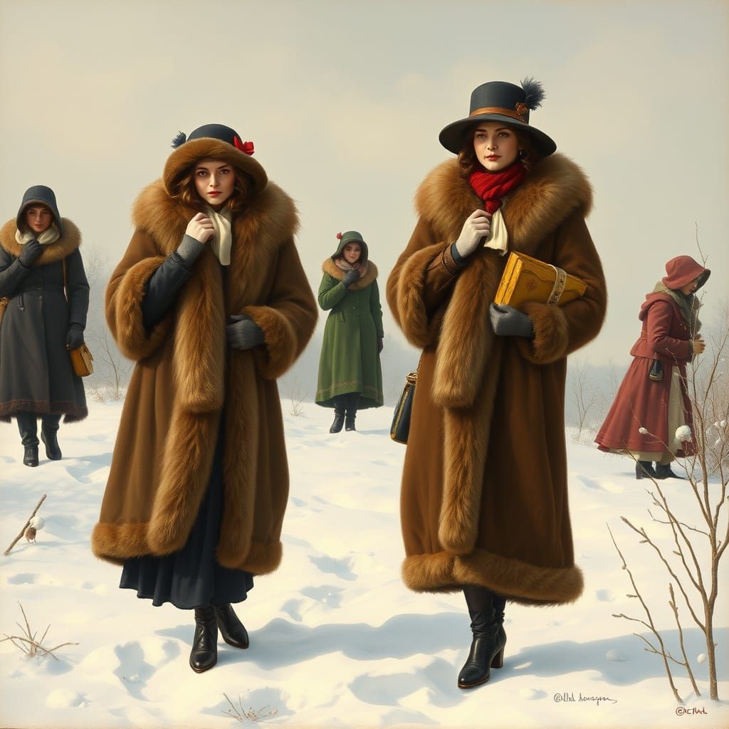 Elegant Women in Furs Against Snowy Winter Landscape